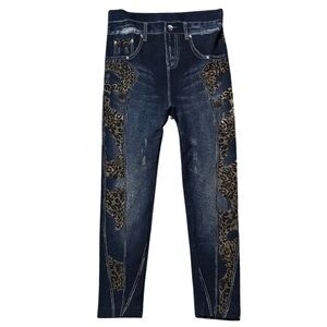 New Mix || Size:S-M-L || Blue Faux Denim Jeggins w/Animal Print